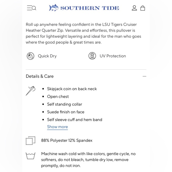 Southern Tide LSU Louisiana State Geaux Tigers Men’s Quarter-Zip Pullover Medium - Picture 12 of 12